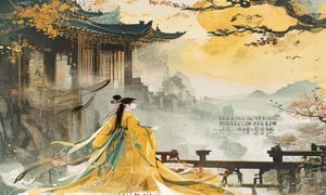 黄漫画古风题材《云间一梦》封面，中国古典建筑背景，仙侠人物服饰华美，水墨风格与现代画技融合