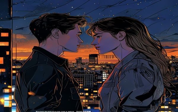 黄漫画编辑推荐首选《深夜的约定》封面，都市夜景背景，男女主角对视的经典构图，线条精细画风成熟